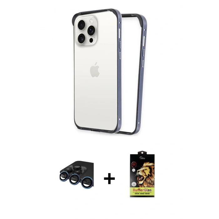 MARSİLYAN™- iPhone 15 Pro Kılıf Pusula Asil Koleksiyonu - Siyah Buffer Cam Ekran Koruyucu + Raze Metal Kamera Lens - LT