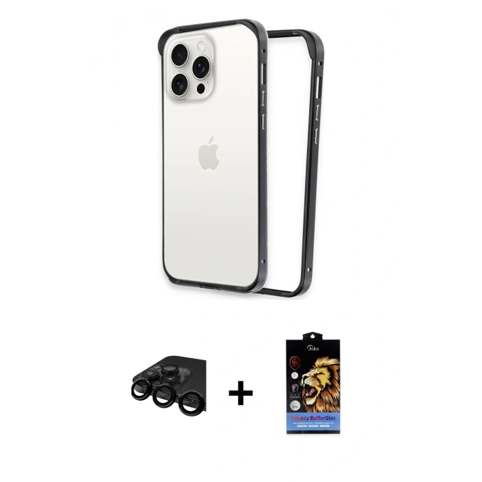 MARSİLYAN™- iPhone 15 Pro Kılıf Pusula Asil Koleksiyonu - Siyah Buffer Hayalet Cam Ekran Koruyucu + Siyah Raze Metal Kamera Lens