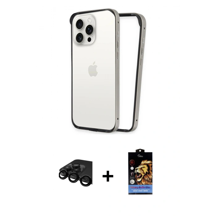 MARSİLYAN™- iPhone 15 Pro Kılıf Pusula Asil Koleksiyonu - Siyah Buffer Hayalet Cam Ekran Koruyucu + Siyah Raze Metal Kamera Lens