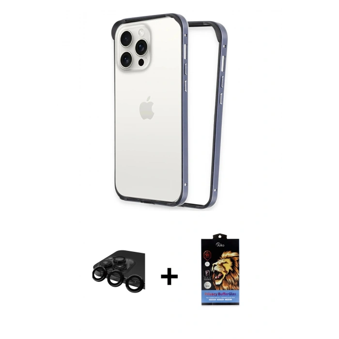 MARSİLYAN™- iPhone 15 Pro Kılıf Pusula Asil Koleksiyonu - Siyah Buffer Hayalet Cam Ekran Koruyucu + Siyah Raze Metal Kamera Lens