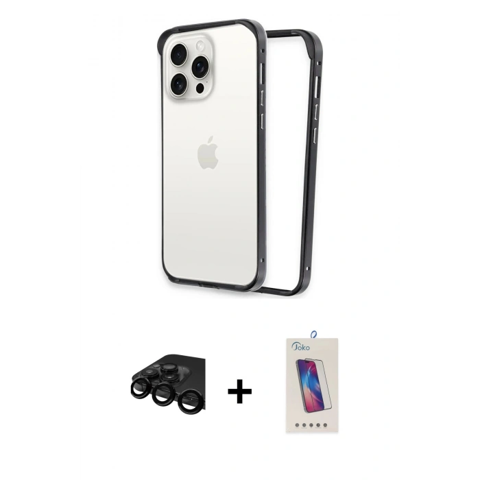 MARSİLYAN™- iPhone 15 Pro Kılıf Pusula Asil Koleksiyonu - Siyah Joko 5D Cam + Raze Metal Kamera Lens - SH