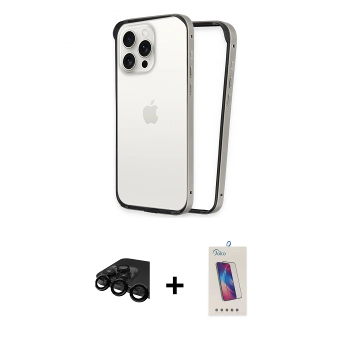 MARSİLYAN™- iPhone 15 Pro Kılıf Pusula Asil Koleksiyonu - Siyah Joko 5D Cam + Raze Metal Kamera Lens - SH