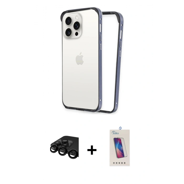 MARSİLYAN™- iPhone 15 Pro Kılıf Pusula Asil Koleksiyonu - Siyah Joko 5D Cam + Raze Metal Kamera Lens - SH