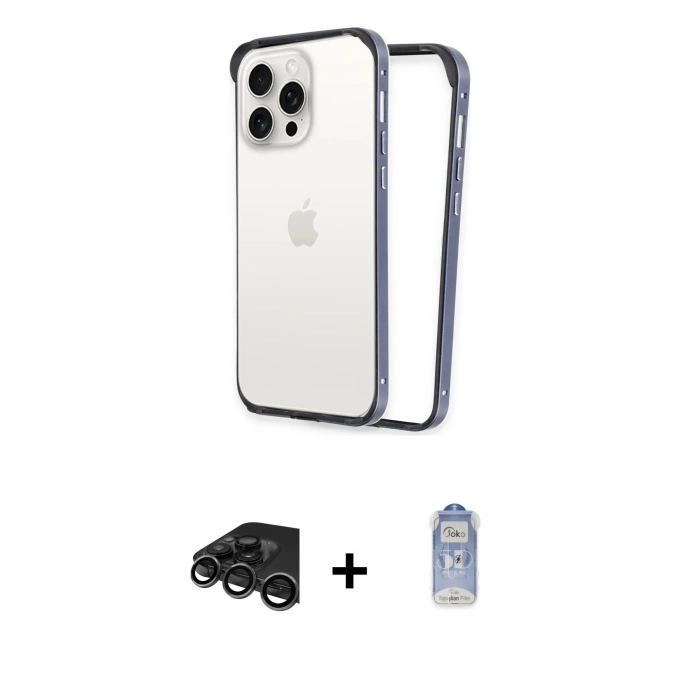 MARSİLYAN™- iPhone 15 Pro Kılıf Pusula Asil Koleksiyonu - Siyah Joko Magic 5D Cam + Raze Metal Kamera Lens - TMGI