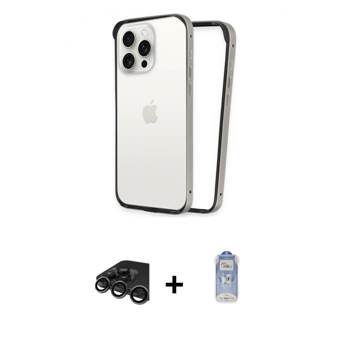 MARSİLYAN™- iPhone 15 Pro Kılıf Pusula Asil Koleksiyonu - Siyah Joko Magic 5D Cam + Raze Metal Kamera Lens - TMGI