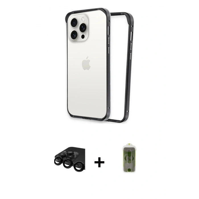 MARSİLYAN™- iPhone 15 Pro Kılıf Pusula Asil Koleksiyonu - Siyah Joko Magic 5D Hayalet Cam + Raze Metal Kamera Lens - SH