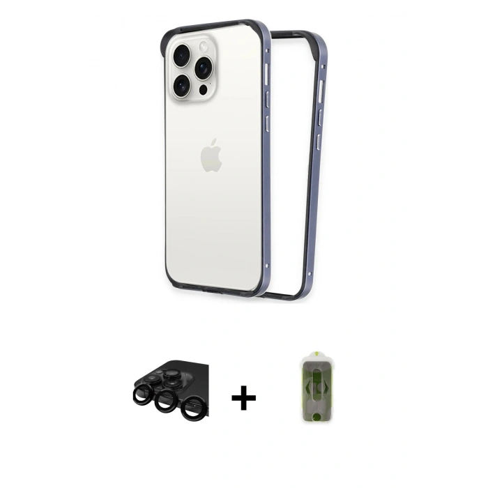 MARSİLYAN™- iPhone 15 Pro Kılıf Pusula Asil Koleksiyonu - Siyah Joko Magic 5D Hayalet Cam + Raze Metal Kamera Lens - SH