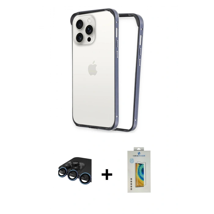 MARSİLYAN™- iPhone 15 Pro Kılıf Pusula Asil Koleksiyonu - Siyah Polymer Nano Ekran Koruyucu + Raze Metal Kamera Lens - LT
