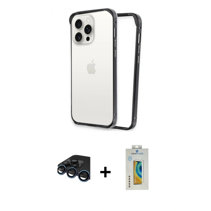 MARSİLYAN™- iPhone 15 Pro Kılıf Pusula Asil Koleksiyonu - Siyah Polymer Nano Ekran Koruyucu + Raze Metal Kamera Lens - LT