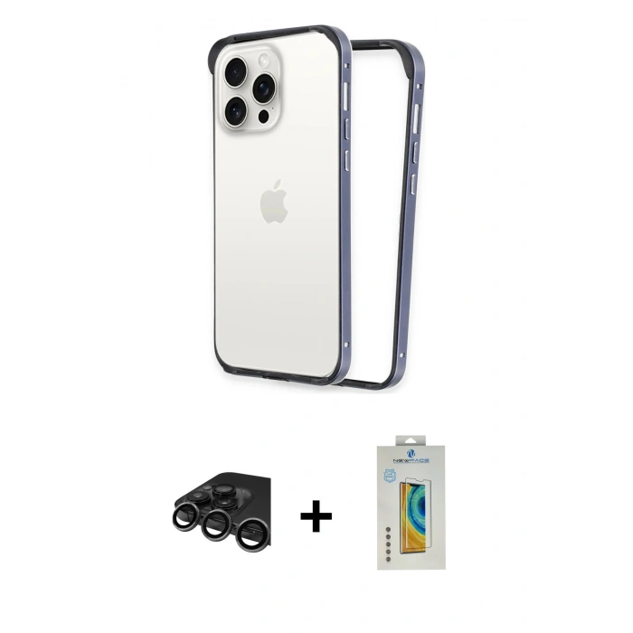 MARSİLYAN™- iPhone 15 Pro Kılıf Pusula Asil Koleksiyonu - Siyah Polymer Nano Ekran Koruyucu + Raze Metal Kamera Lens - TMGI
