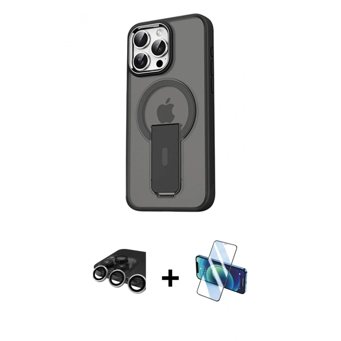 MARSİLYAN™- iPhone 15 Pro Kılıf Pusula Doku Koleksiyonu - Siyah 3D Antistatik Seramik Nano Ekran Koruyucu + Raze Metal Kamera Lens - GS