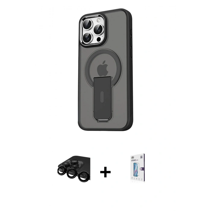 MARSİLYAN™- iPhone 15 Pro Kılıf Pusula Doku Koleksiyonu - Siyah Bilvis 0.18mm Plus Cam Ekran Koruyucu + Raze Metal Kamera Lens - SH