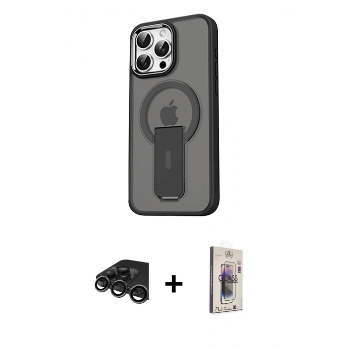 MARSİLYAN™- iPhone 15 Pro Kılıf Pusula Doku Koleksiyonu - Siyah Bilvis 3D Cam Ekran Koruyucu + Titanyum Gri Raze Metal Kamera Lens