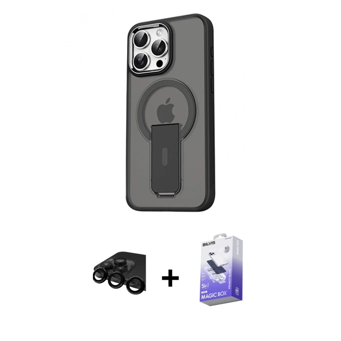 MARSİLYAN™- iPhone 15 Pro Kılıf Pusula Doku Koleksiyonu - Siyah Bilvis 5in1 5D Magic Hayalet Cam Ekran Koruyucu + Siyah Raze Metal Kamera Lens