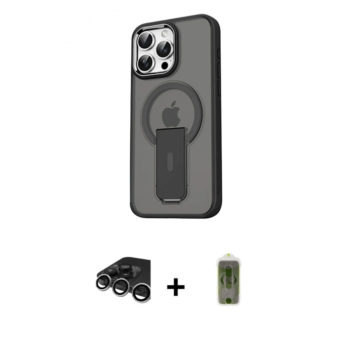 MARSİLYAN™- iPhone 15 Pro Kılıf Pusula Doku Koleksiyonu - Siyah Joko Magic 5D Hayalet Cam + Gümüş Raze Metal Kamera Lens