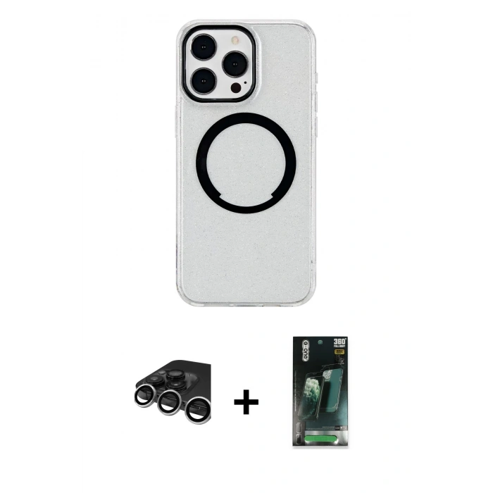 MARSİLYAN™- iPhone 15 Pro Kılıf Pusula Form - Şeffaf 360 Full Body Arka Koruyucu + Raze Metal Kamera Lens - GS