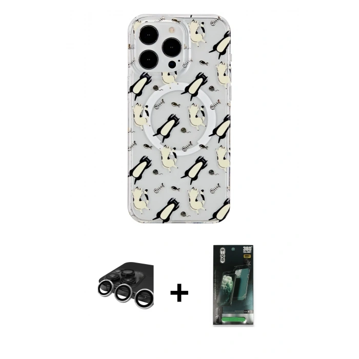 MARSİLYAN™- iPhone 15 Pro Kılıf Pusula Form - Şeffaf 360 Full Body Arka Koruyucu + Raze Metal Kamera Lens - GS