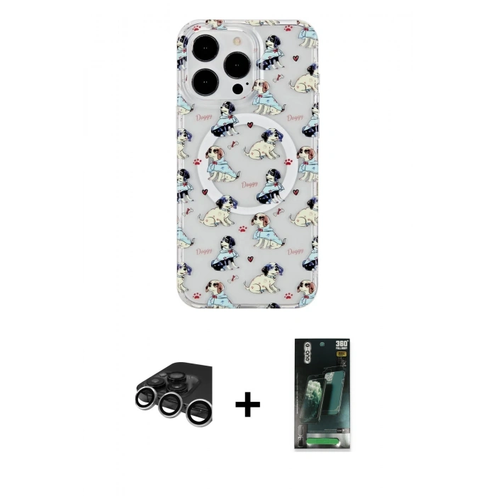 MARSİLYAN™- iPhone 15 Pro Kılıf Pusula Form - Şeffaf 360 Full Body Arka Koruyucu + Raze Metal Kamera Lens - GS