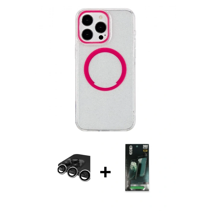 MARSİLYAN™- iPhone 15 Pro Kılıf Pusula Form - Şeffaf 360 Full Body Arka Koruyucu + Raze Metal Kamera Lens - GS