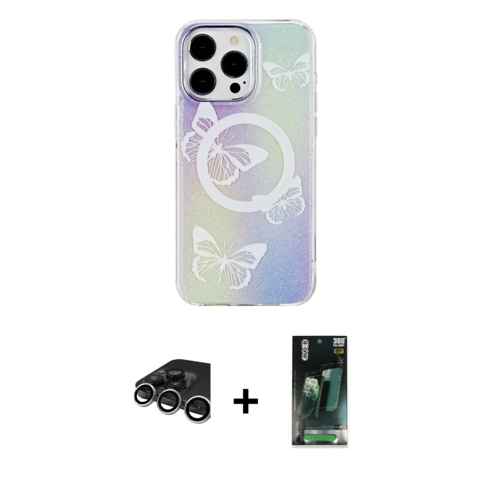 MARSİLYAN™- iPhone 15 Pro Kılıf Pusula Form - Şeffaf 360 Full Body Arka Koruyucu + Raze Metal Kamera Lens - GS