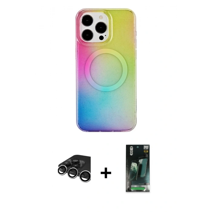 MARSİLYAN™- iPhone 15 Pro Kılıf Pusula Form - Şeffaf 360 Full Body Arka Koruyucu + Raze Metal Kamera Lens - GS