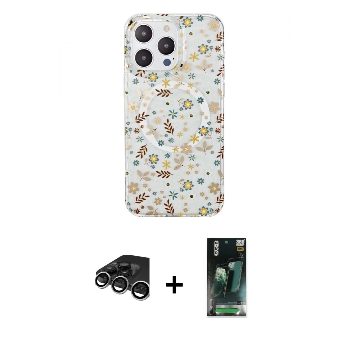 MARSİLYAN™- iPhone 15 Pro Kılıf Pusula Form - Şeffaf 360 Full Body Arka Koruyucu + Raze Metal Kamera Lens - GS