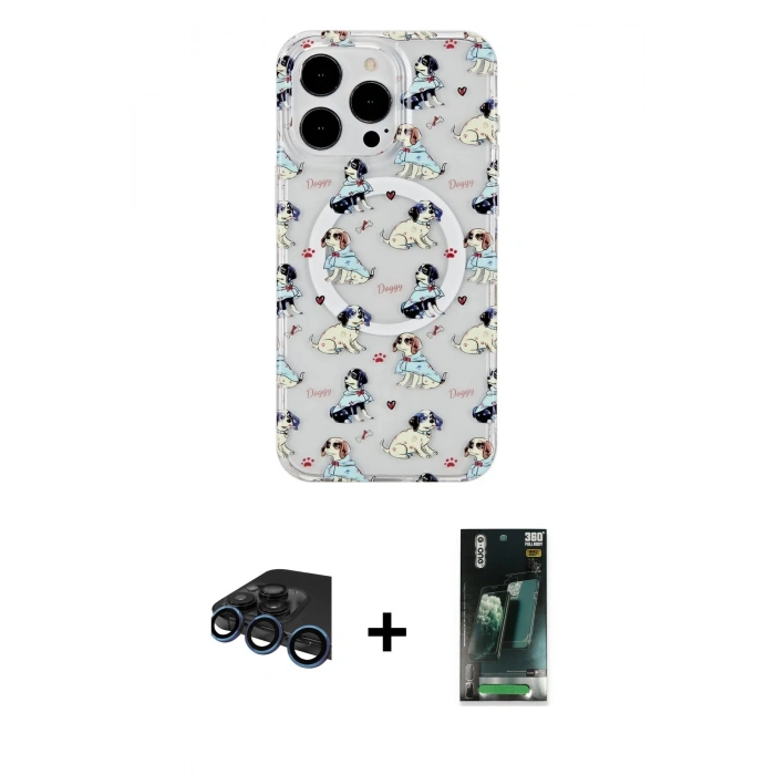 MARSİLYAN™- iPhone 15 Pro Kılıf Pusula Form - Şeffaf 360 Full Body Arka Koruyucu + Raze Metal Kamera Lens - LT
