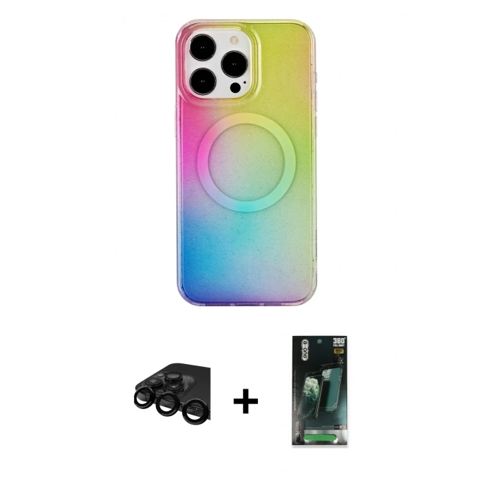 MARSİLYAN™- iPhone 15 Pro Kılıf Pusula Form - Şeffaf 360 Full Body Arka Koruyucu + Raze Metal Kamera Lens - SH