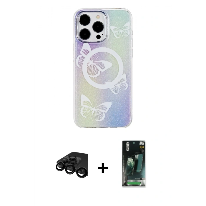 MARSİLYAN™- iPhone 15 Pro Kılıf Pusula Form - Şeffaf 360 Full Body Arka Koruyucu + Raze Metal Kamera Lens - SH