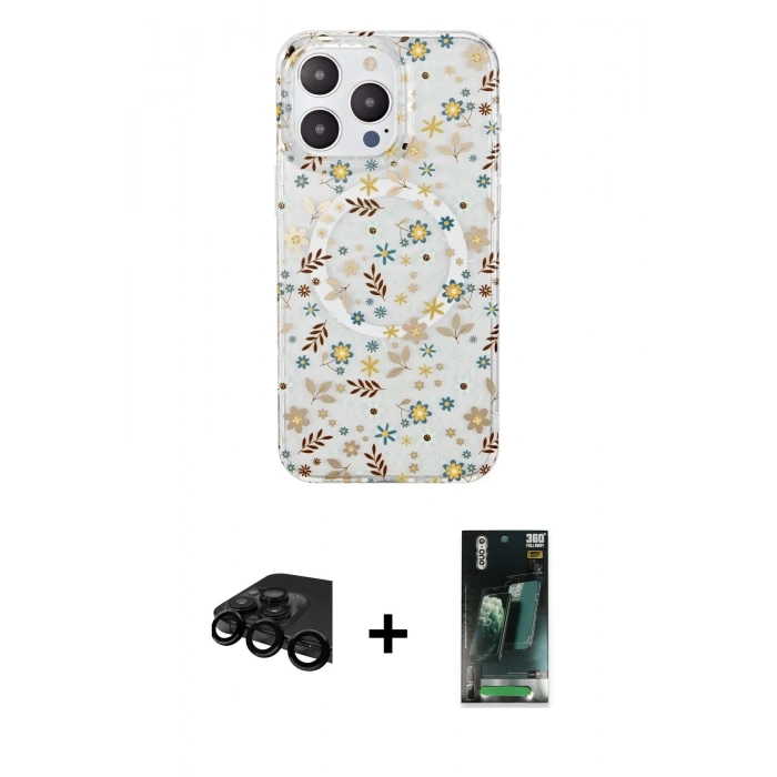 MARSİLYAN™- iPhone 15 Pro Kılıf Pusula Form - Şeffaf 360 Full Body Arka Koruyucu + Raze Metal Kamera Lens - SH