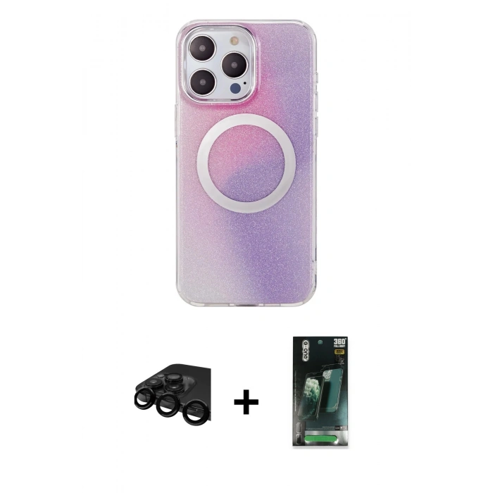 MARSİLYAN™- iPhone 15 Pro Kılıf Pusula Form - Şeffaf 360 Full Body Arka Koruyucu + Raze Metal Kamera Lens - SH