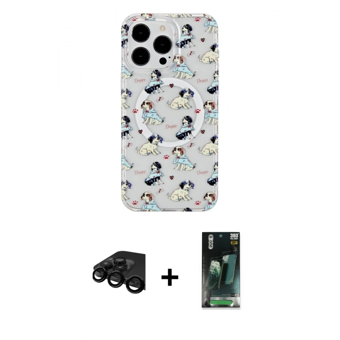 MARSİLYAN™- iPhone 15 Pro Kılıf Pusula Form - Şeffaf 360 Full Body Arka Koruyucu + Raze Metal Kamera Lens - SH