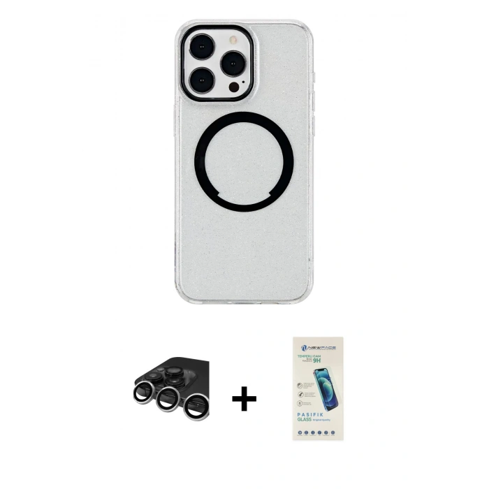 MARSİLYAN™- iPhone 15 Pro Kılıf Pusula Form - Şeffaf Pasifik Cam Ekran Koruyucu + Raze Metal Kamera Lens - GS