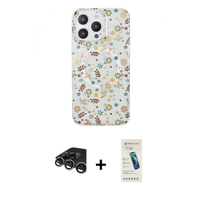 MARSİLYAN™- iPhone 15 Pro Kılıf Pusula Form - Şeffaf Pasifik Cam Ekran Koruyucu + Raze Metal Kamera Lens - GS