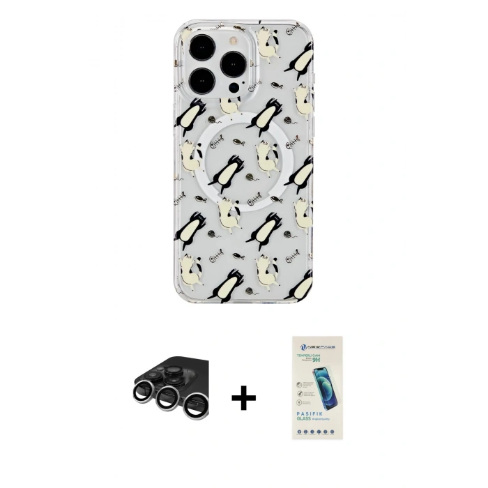MARSİLYAN™- iPhone 15 Pro Kılıf Pusula Form - Şeffaf Pasifik Cam Ekran Koruyucu + Raze Metal Kamera Lens - GS