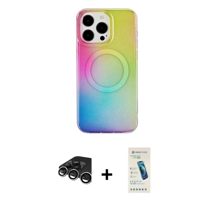 MARSİLYAN™- iPhone 15 Pro Kılıf Pusula Form - Şeffaf Pasifik Cam Ekran Koruyucu + Raze Metal Kamera Lens - GS