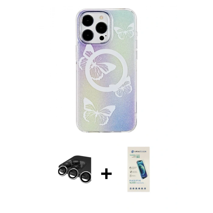 MARSİLYAN™- iPhone 15 Pro Kılıf Pusula Form - Şeffaf Pasifik Cam Ekran Koruyucu + Raze Metal Kamera Lens - GS