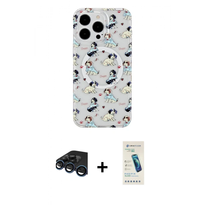 MARSİLYAN™- iPhone 15 Pro Kılıf Pusula Form - Şeffaf Pasifik Cam Ekran Koruyucu + Raze Metal Kamera Lens - LT