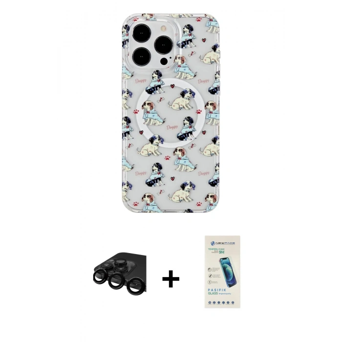 MARSİLYAN™- iPhone 15 Pro Kılıf Pusula Form - Şeffaf Pasifik Cam Ekran Koruyucu + Raze Metal Kamera Lens - SH