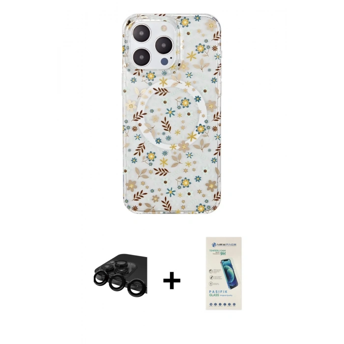 MARSİLYAN™- iPhone 15 Pro Kılıf Pusula Form - Şeffaf Pasifik Cam Ekran Koruyucu + Raze Metal Kamera Lens - SH