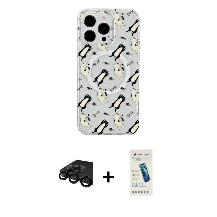 MARSİLYAN™- iPhone 15 Pro Kılıf Pusula Form - Şeffaf Pasifik Cam Ekran Koruyucu + Raze Metal Kamera Lens - SH