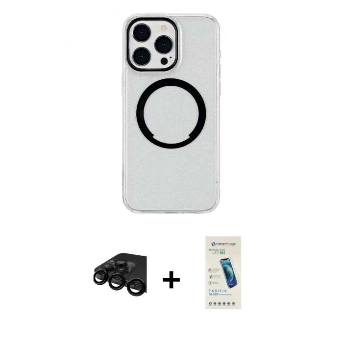 MARSİLYAN™- iPhone 15 Pro Kılıf Pusula Form - Şeffaf Pasifik Cam Ekran Koruyucu + Raze Metal Kamera Lens - SH
