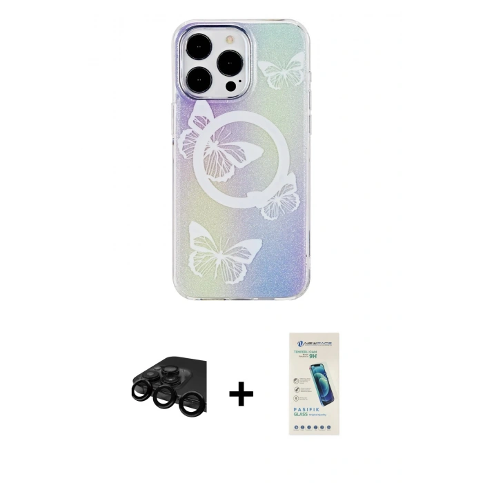 MARSİLYAN™- iPhone 15 Pro Kılıf Pusula Form - Şeffaf Pasifik Cam Ekran Koruyucu + Raze Metal Kamera Lens - SH