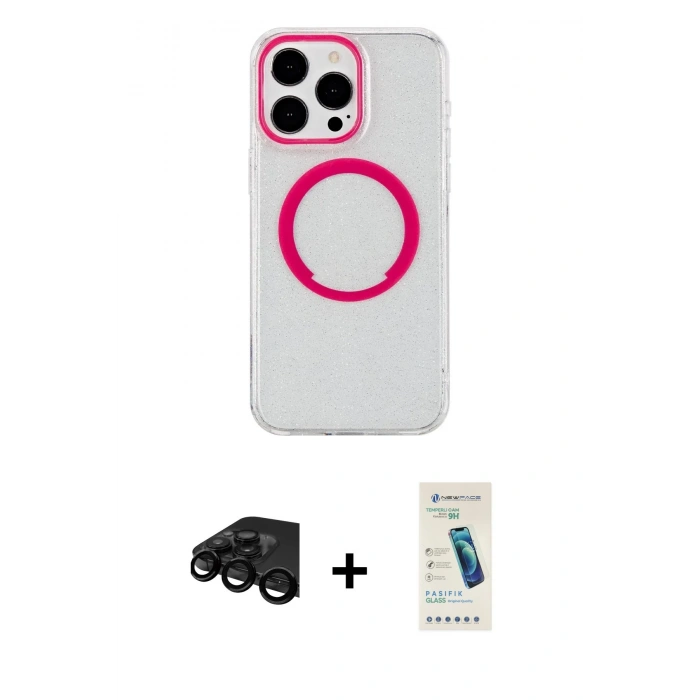 MARSİLYAN™- iPhone 15 Pro Kılıf Pusula Form - Şeffaf Pasifik Cam Ekran Koruyucu + Raze Metal Kamera Lens - SH