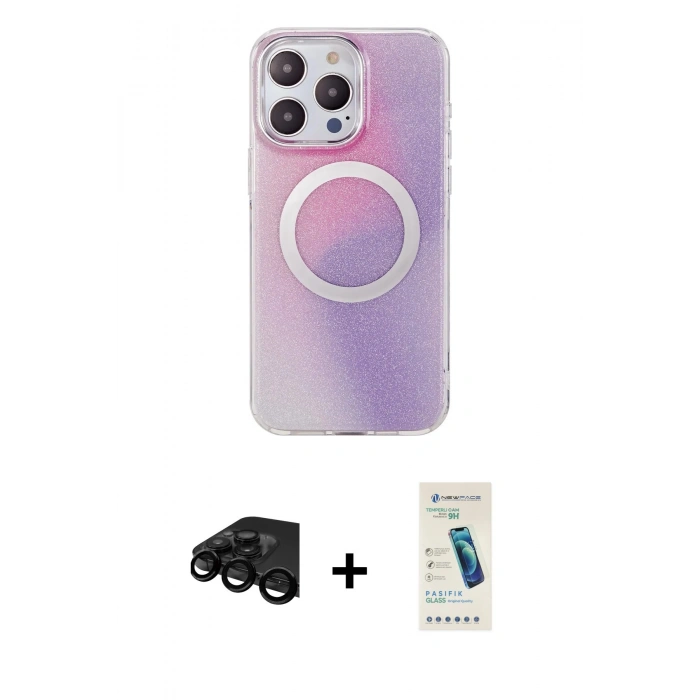 MARSİLYAN™- iPhone 15 Pro Kılıf Pusula Form - Şeffaf Pasifik Cam Ekran Koruyucu + Raze Metal Kamera Lens - SH