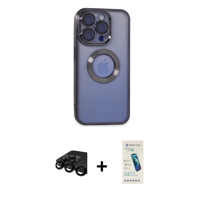 MARSİLYAN™- iPhone 15 Pro Kılıf Pusula Form - Şeffaf Pasifik Cam Ekran Koruyucu + Raze Metal Kamera Lens - SH