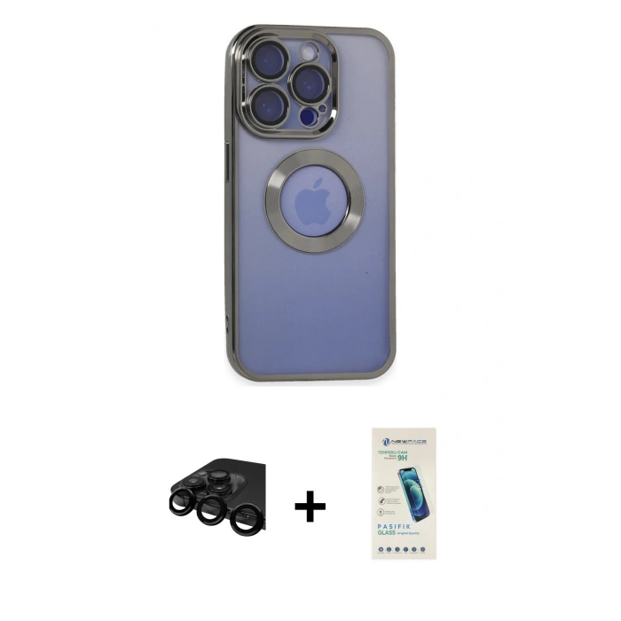 MARSİLYAN™- iPhone 15 Pro Kılıf Pusula Form - Şeffaf Pasifik Cam Ekran Koruyucu + Raze Metal Kamera Lens - SH