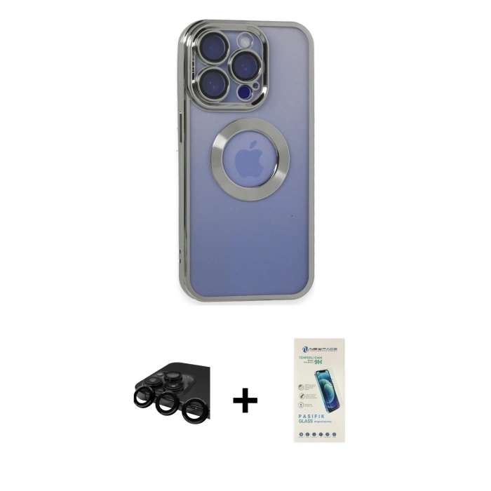 MARSİLYAN™- iPhone 15 Pro Kılıf Pusula Form - Şeffaf Pasifik Cam Ekran Koruyucu + Raze Metal Kamera Lens - SH