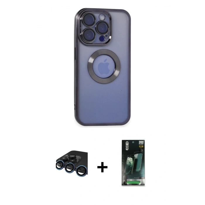 MARSİLYAN™- iPhone 15 Pro Kılıf Pusula Form - Siyah 360 Mat Full Body Arka Koruyucu + Raze Metal Kamera Lens - LT