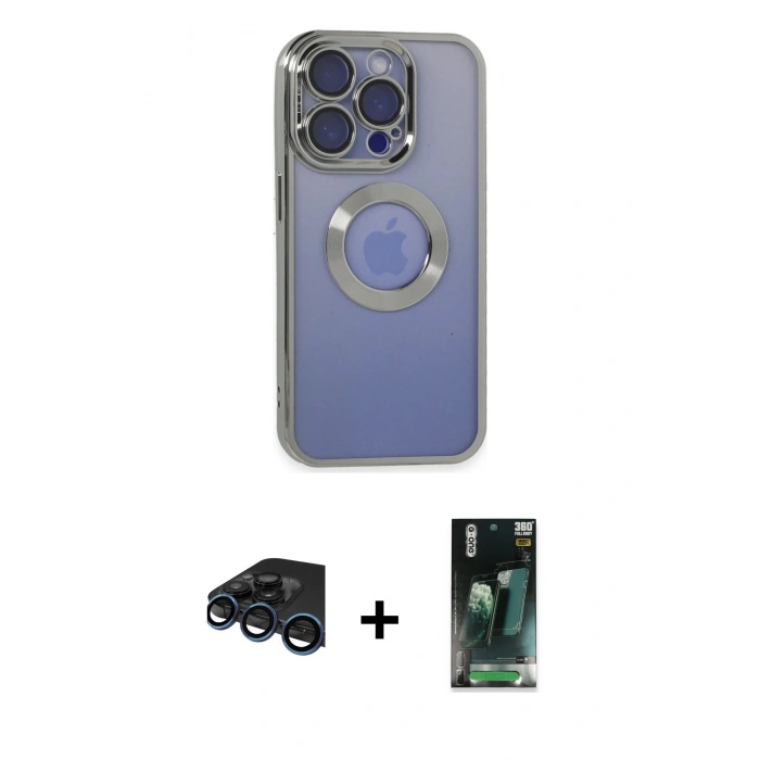 MARSİLYAN™- iPhone 15 Pro Kılıf Pusula Form - Siyah 360 Mat Full Body Arka Koruyucu + Raze Metal Kamera Lens - LT